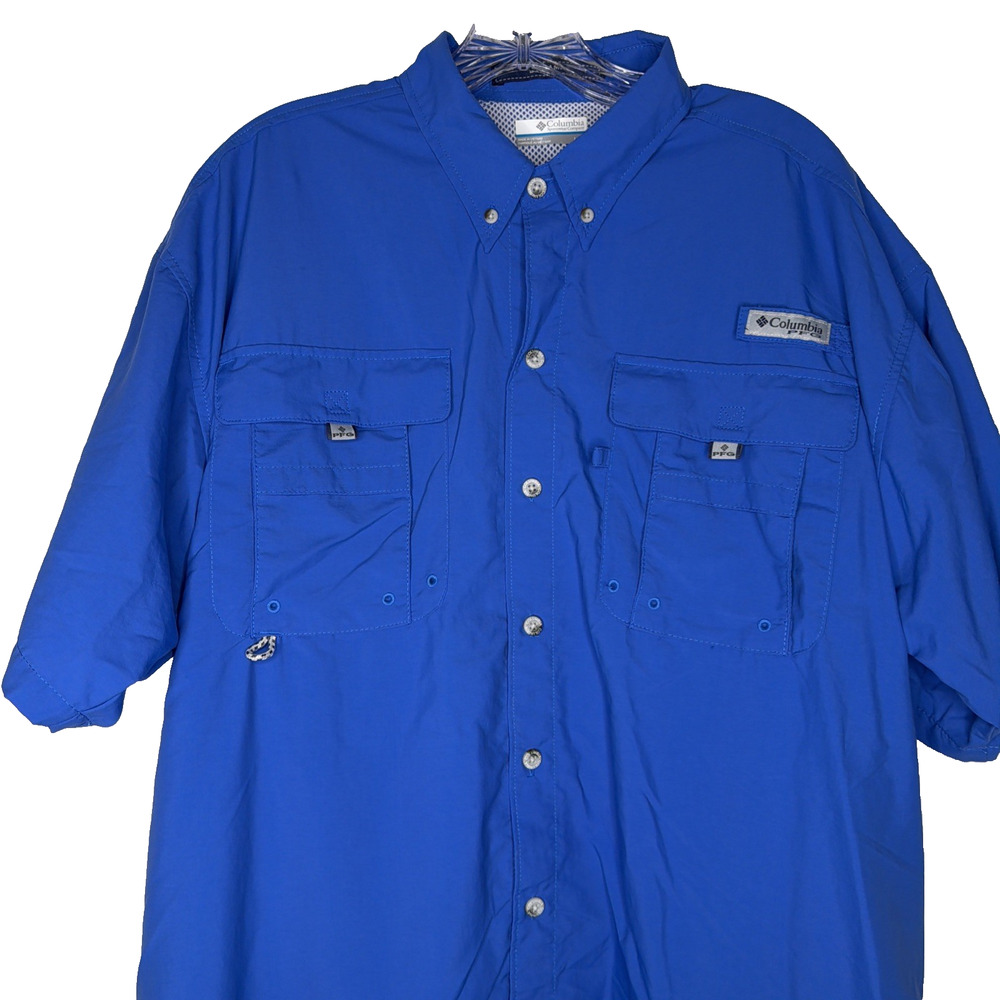 Columbia PFG Bahama Fishing Shirt Mens Lg Short Sleeve Royal Blue UPF 30 Utility